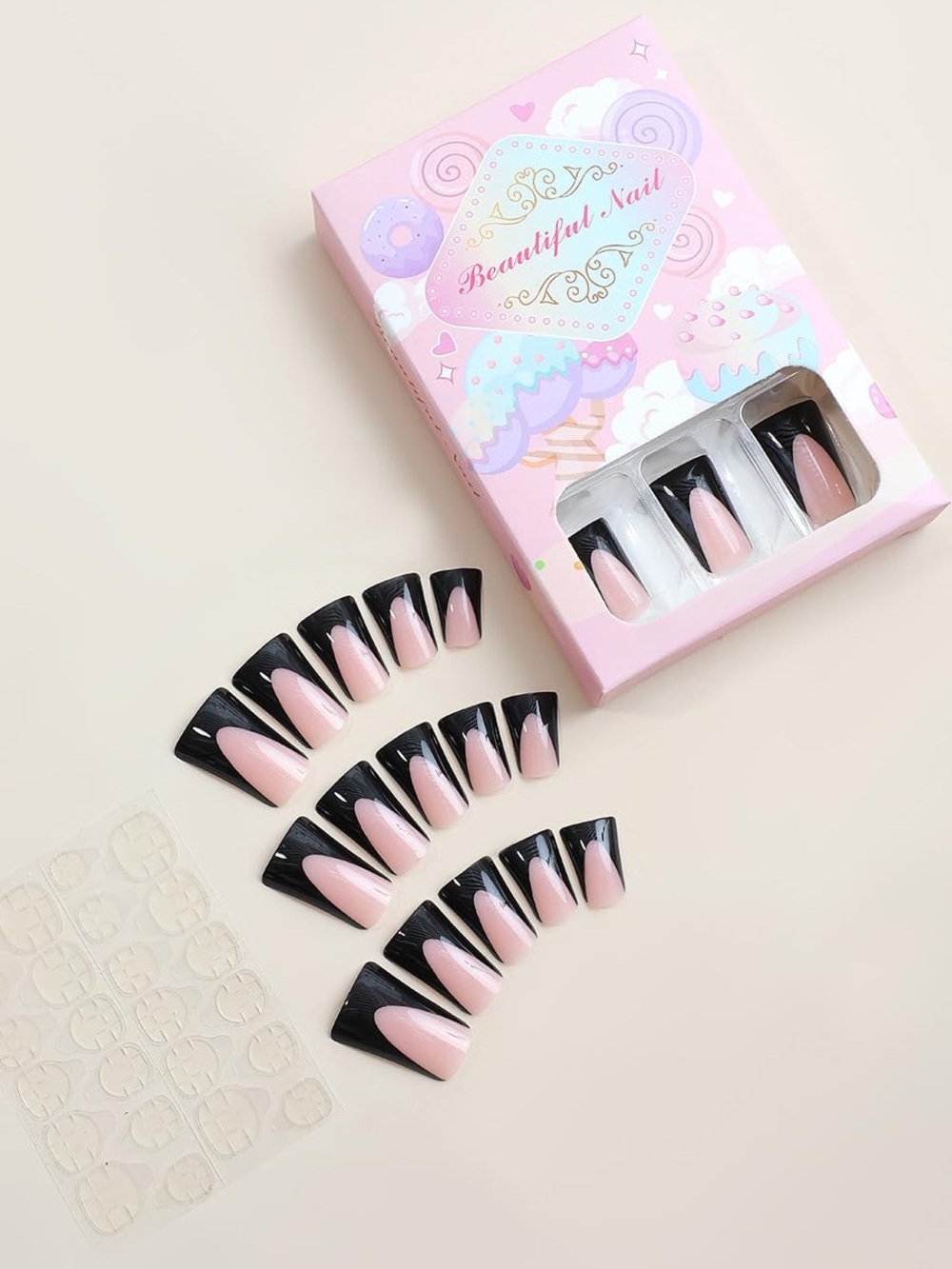 Beautiful Nail Black & Pink Duckbill Press-On Nail Set- Black French Tip Design
